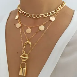 VKME 16266 Bohemian Multi Layer Chunky Chain Choker Cuban Chain Necklace Trend Lock Moon Pendant For Women Fashion Jewelry