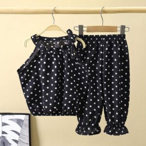 2PCS Baby Girls Clothing Sets Summer Sleeveless Polka Dot Kids Girls Clothes Sets Chiffon Shirts+Pants Outfits Children Suits