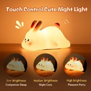 Cute LED Night Light Touch Sensor Cartoon Kid’s Nightlights Big Face Rabbit Silicone Night Light Christmas Gift Bedside Lamp Home Decor