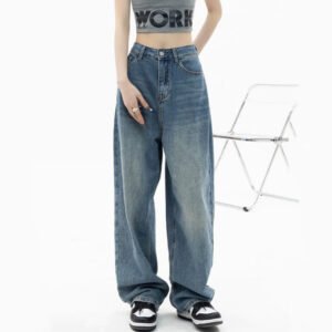 Women’s Fashionable Loose High Waist Straight Wide Leg Jeans