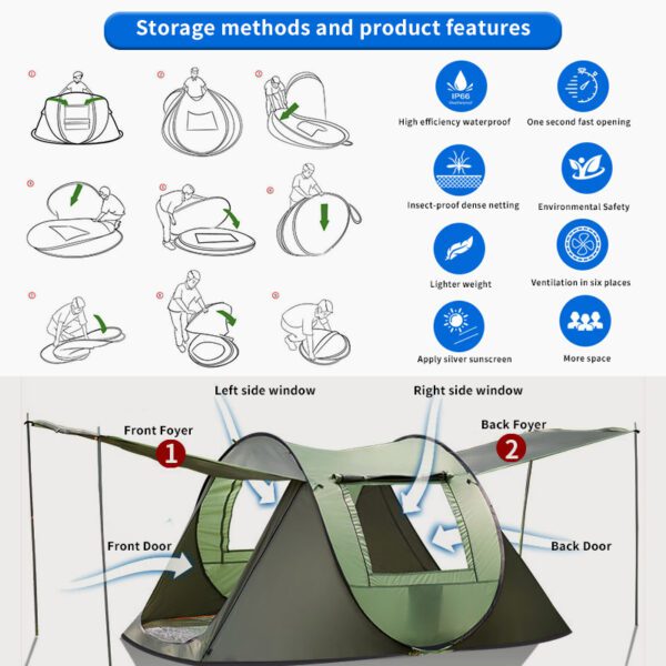 Pop-up Tent and Automatic Instant Portable Cabana Beach Camping Suitable for 2 People 2 Doors Water-Resistant UV Protection Sun - Image 3