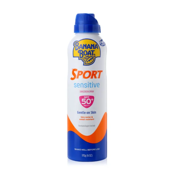 Strong Sun Protection for Sensitive, Active Skin Banana Boat Sport Sensitive Sunscreen Spray SPF 50+ combines high-performance sun protection with a gentle, hypoallergenic formula that’s ideal for sensitive skin. Whether you’re working out, swimming, or enjoying the outdoors, it offers broad-spectrum defense without irritation. SPF 50+ Broad-Spectrum UV Shield Formulated with SPF 50+, this spray protects your skin from both UVA and UVB rays, helping prevent sunburn, premature aging, and long-term skin damage—even during extended outdoor activities. Free from Fragrance, Oils, and Harsh Ingredients This sunscreen is fragrance-free, dye-free, and oil-free, making it suitable for easily irritated or allergy-prone skin. It’s non-comedogenic and won’t clog pores, so it’s also ideal for acne-prone users. Sweat & Water-Resistant Performance Built for sports, this spray stays effective for up to 80 minutes of water and sweat exposure, ensuring reliable protection during workouts, beach days, and hikes. Lightweight, Non-Greasy, and Easy to Apply Banana Boat Sport Sensitive Sunscreen Spray SPF 50, 170gm