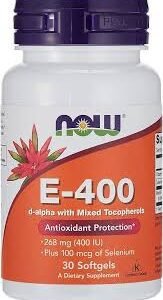 Now Natural 400 IU Vitamin E Antioxidant Support Supplement with Selenium – 30 Softgels